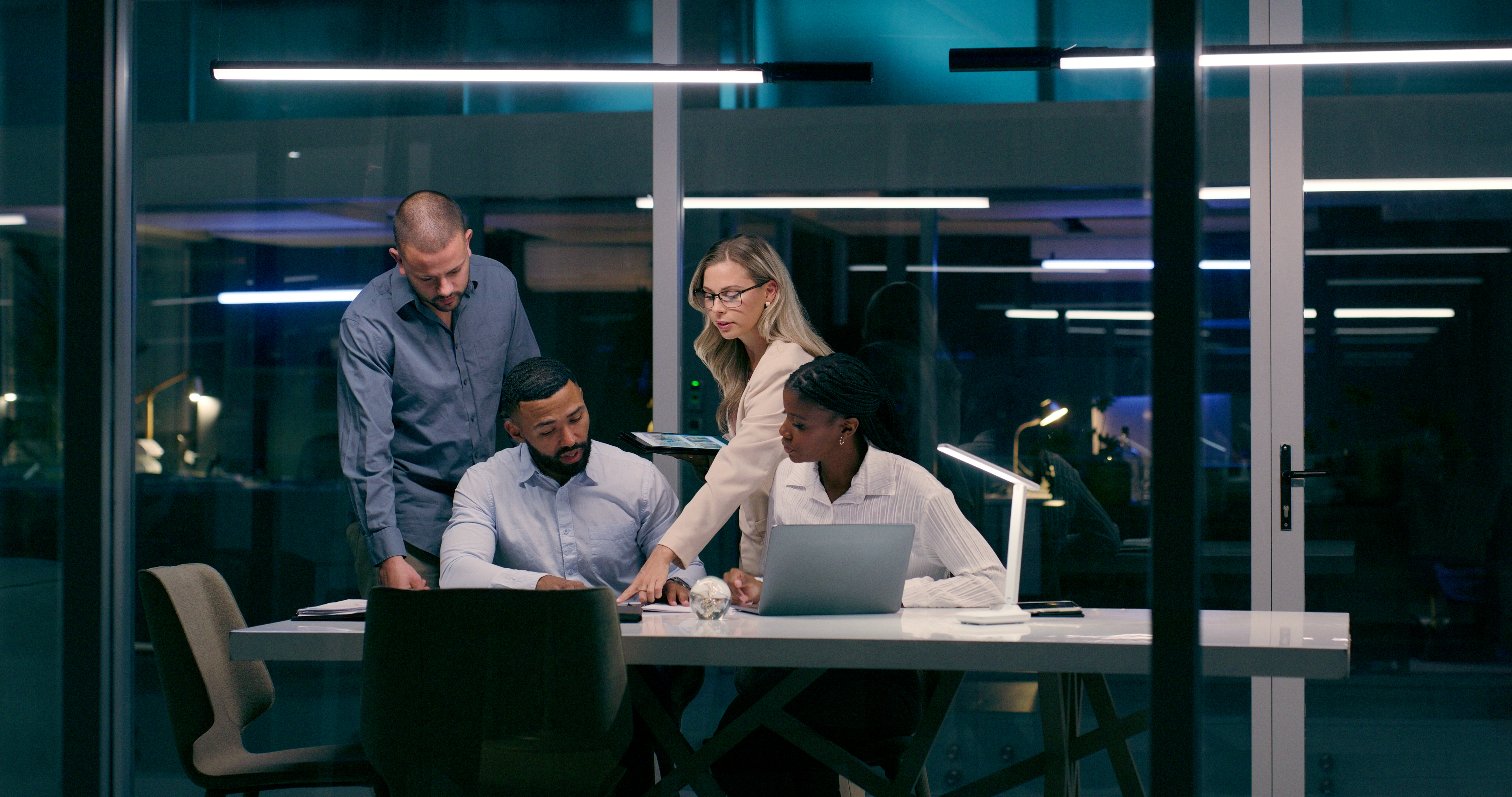 Technology team collaborating in a modern office